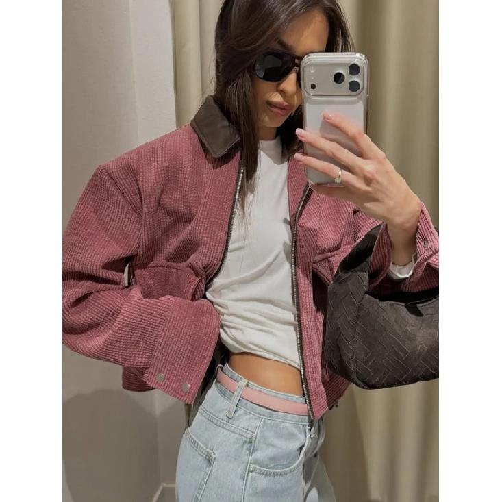 Spring Pink Casual Jacket Women's Loose Fit Streetwear Front Zipper Pockets Lounge Wear Daily Outerwear