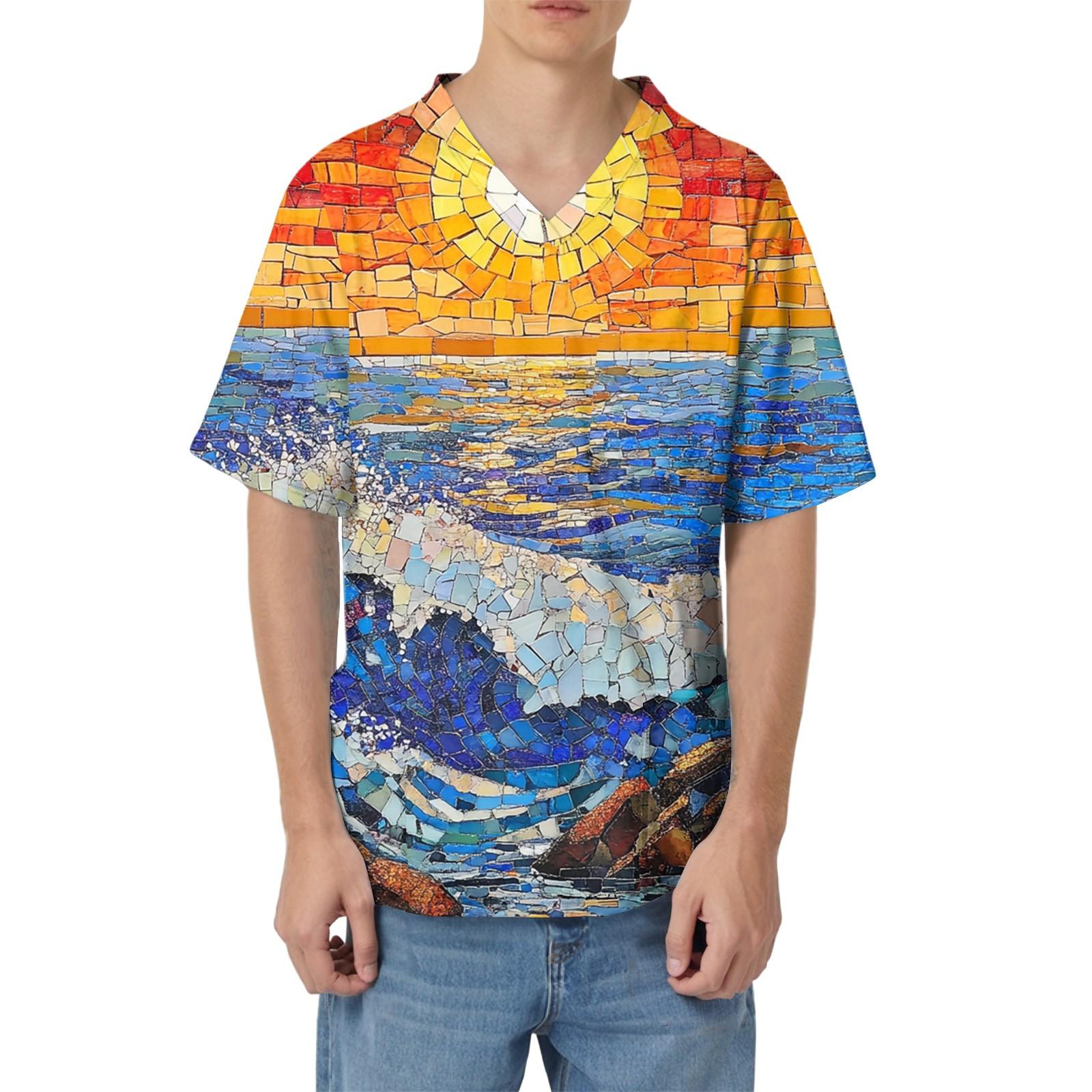 

Мужская рабочая блузка с короткими рукавами и v-образным вырезом с принтом, топ с нагрудным карманом XL жёлтый