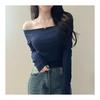 Women's tops Korean fashion tops cut and sew long sleeve cropped short length clavicle stretch elastic slim slender tight sexy girly feminine adult