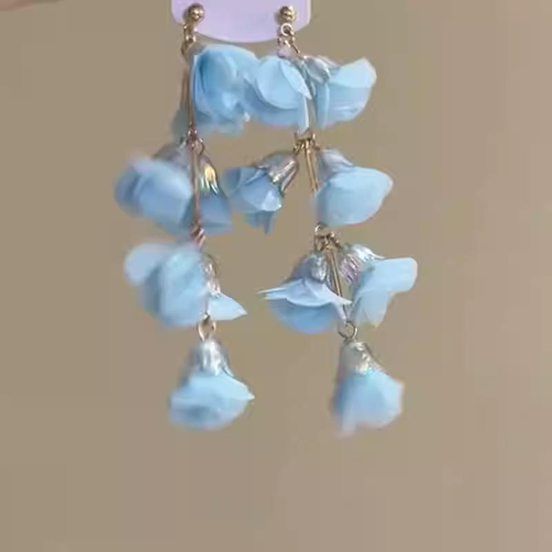 

Chiffon flower fringed earrings summer sweet versatile stud earrings fashion temperament high sense earrings women