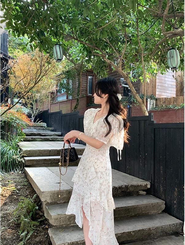 Plus Size Elegant French Floral Print Cinched Waist Irregular Ruffle Long Dress 2XL (140-160 jin)