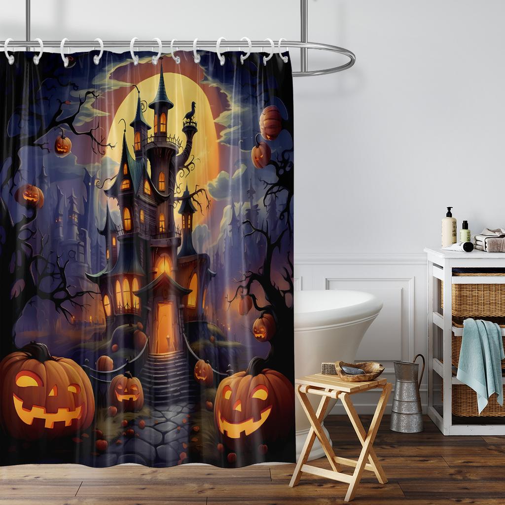1 Piece Of 180X180Cm Shower Curtain With Halloween Castle Pumpkin Pattern Printed Partition Bathroom Waterproof And Mildew Proof