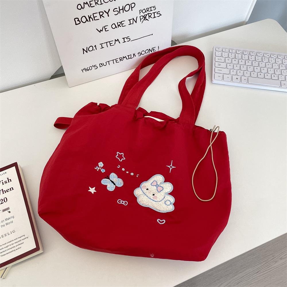Embroidery Small Fresh Large Capacity Drawstring Cloth Bag Girls Shoulder Bag New Versatile Casual Shoulder