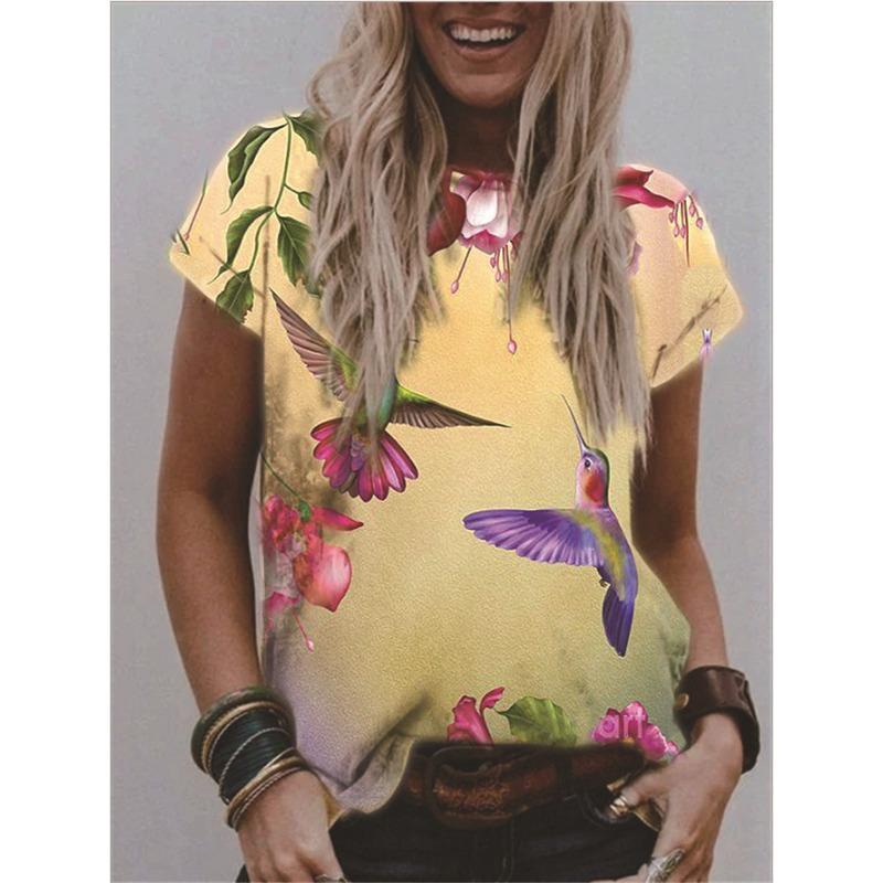 Summer Round Neck 3D Flower Print Top Fashionable Casual Short Sleeved Women's T-shirts