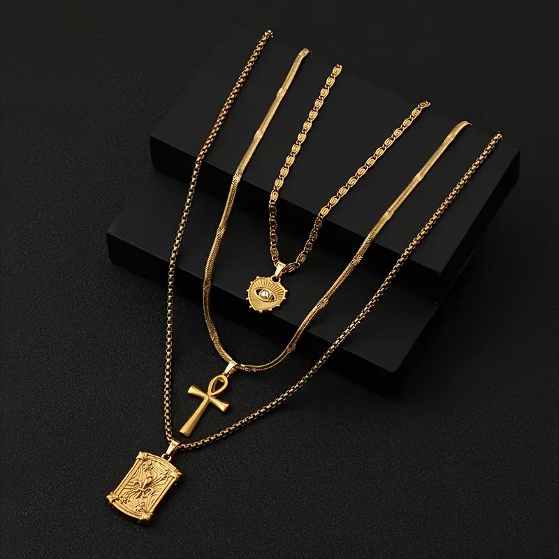 3PCS Adjustable Stainless Steel Cross Pendant Necklace for Men - Geometric Minimalist Chain with Gold Plating, Unisex Everyday Jewelry
