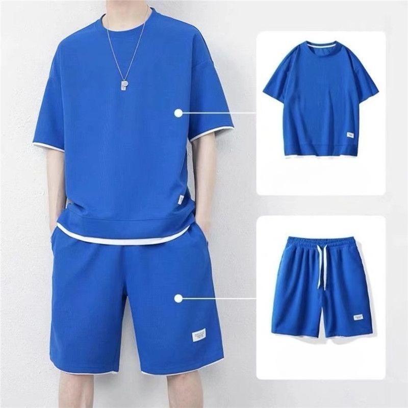 Men Waffle Summer Round Neck T-shirt Shorts Two-piece Men's Suit Comfortable Thin Fake Two-piece Short-sleeved Suit