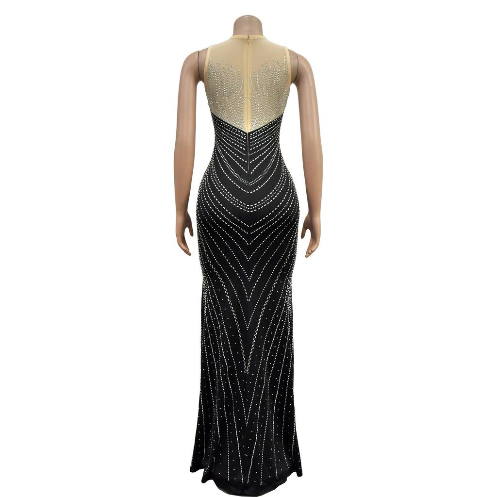 European and American Fashion Women's Sleeveless Rhinestone Round Neck Long Dress