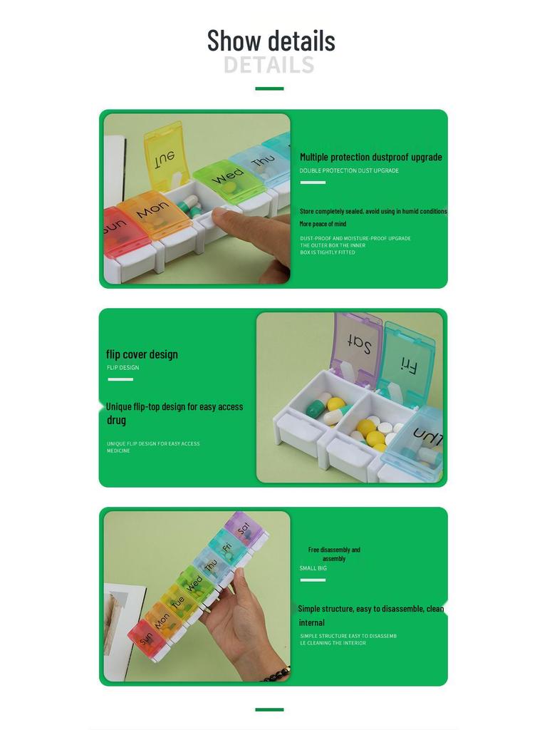 7-Day Portable Push-Button Pill Organizer with 7 Color-Coded Compartments