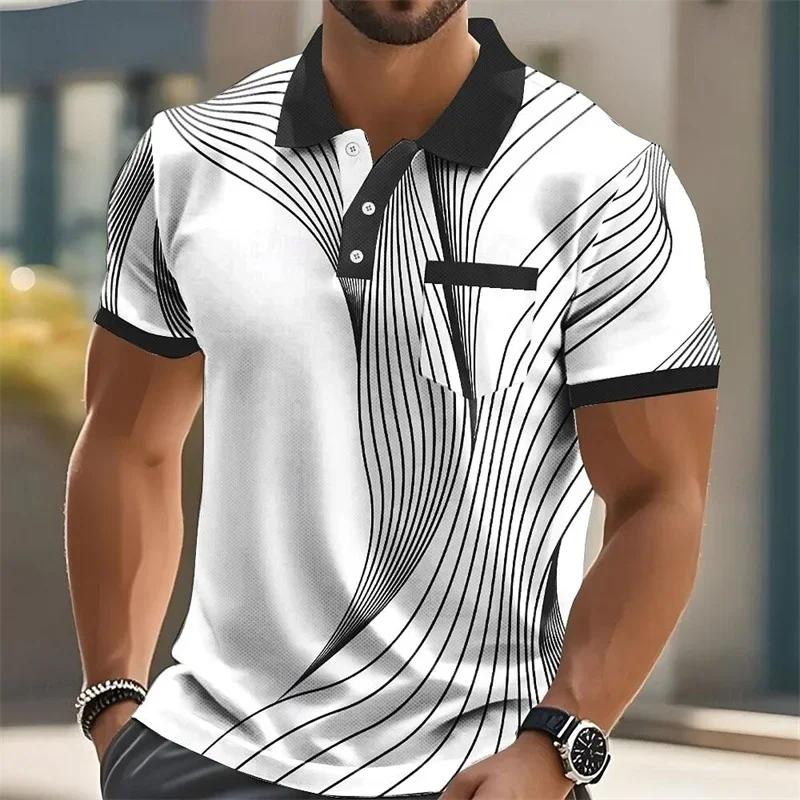 Fashionable Summer Short-sleeved Men's Polo Shirt with 3d Printed Stripes Men's Lapel High-quality Men's Shirt Casual Wear