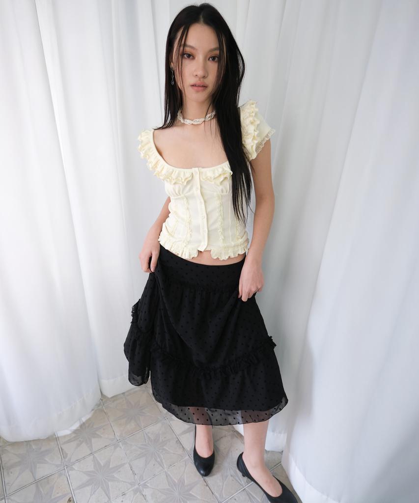 Lujeuseullibobeo Dot Chiffon Flocking Skirt *Black