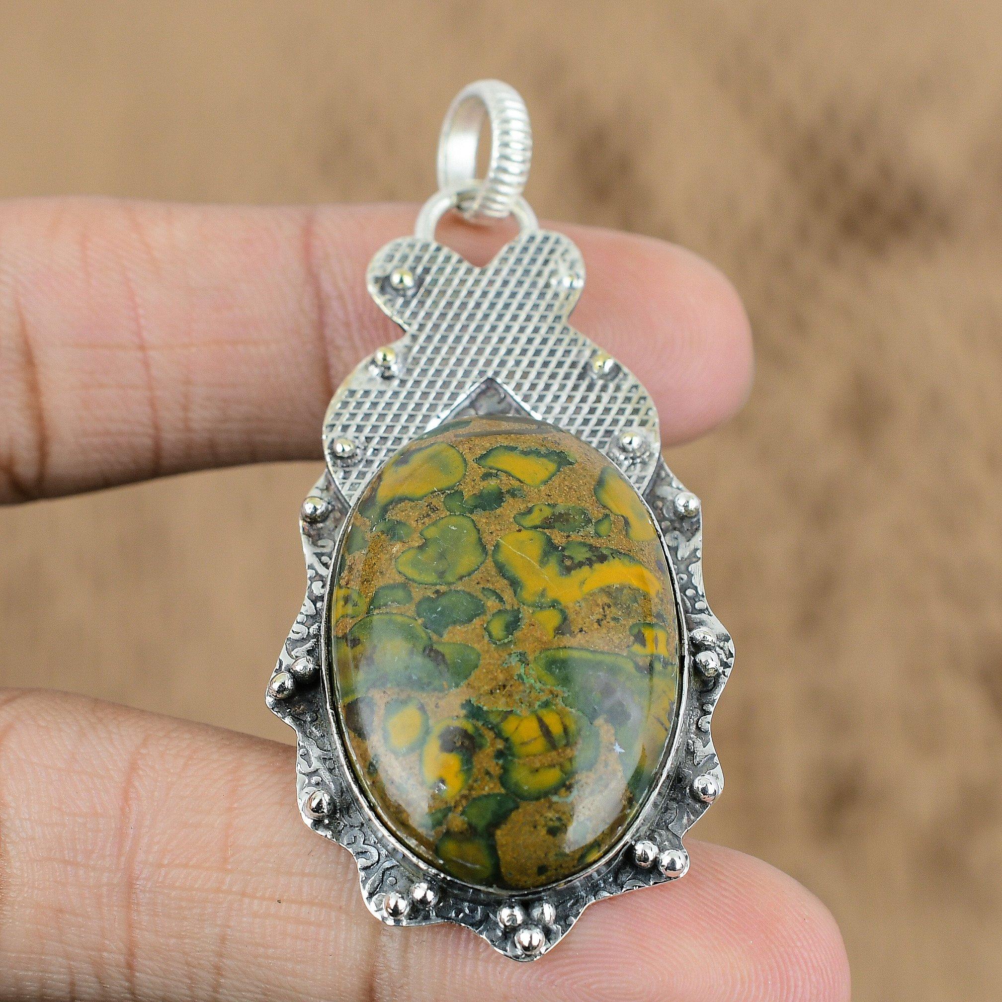

Birthday Gift For Her Natural Rainforest Jasper Gemstone Pendant 925 Silver