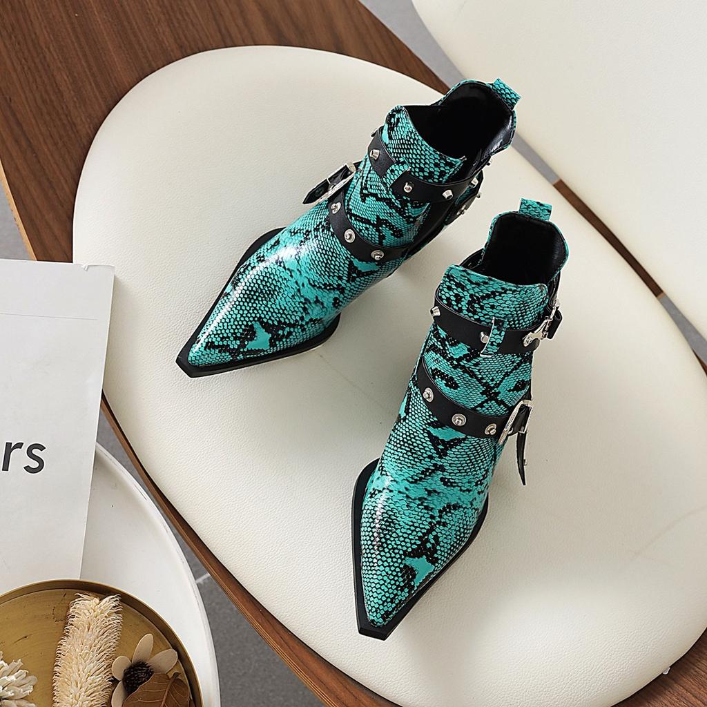 Fashion 40-45 Plus Size Sexy Snake Pattern Stretch Riding Botas High Heels Chelsea Bottes Pointed Toe Belt Buckle Ankle Boots Women 2025