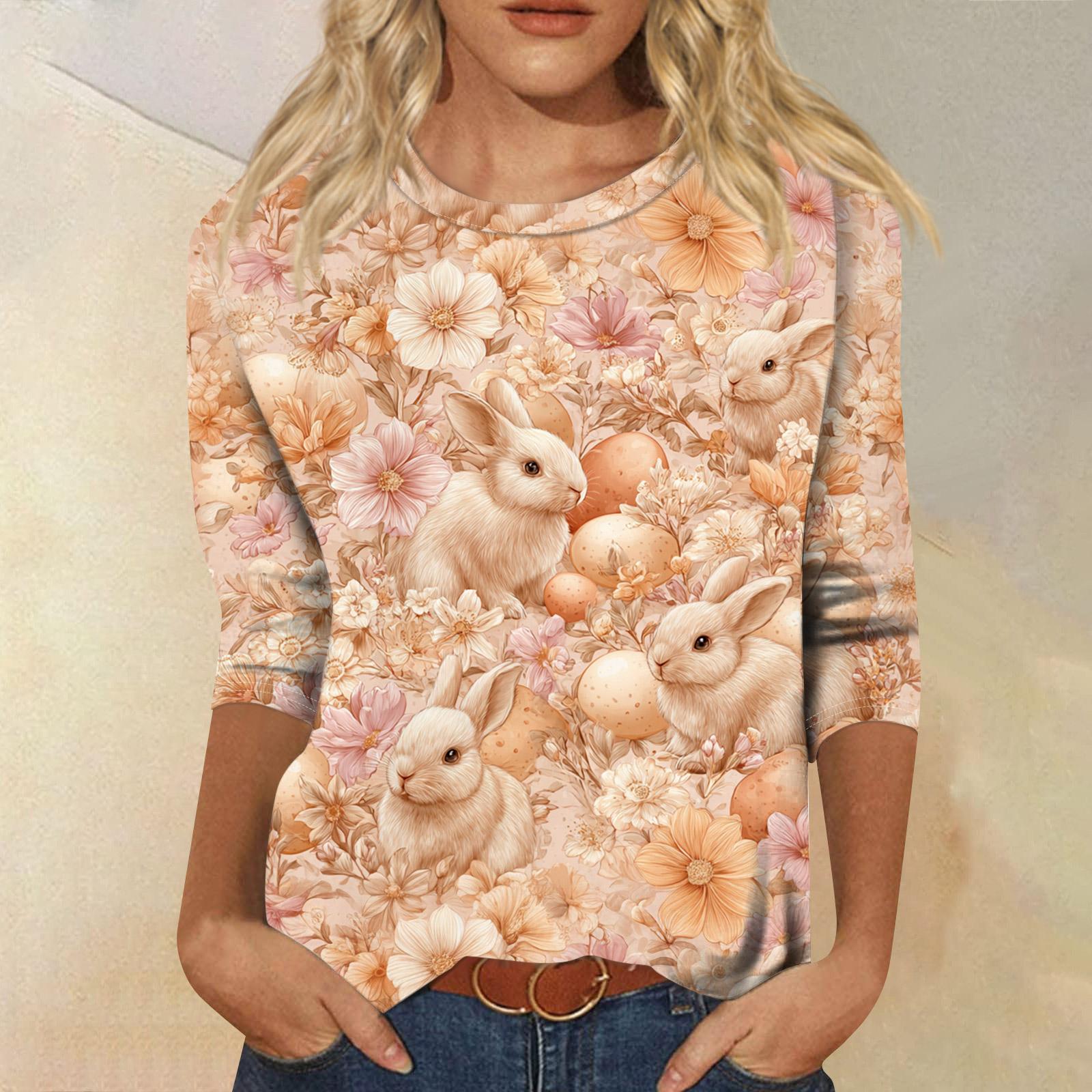 

Women s Fashionable Casual Three-quarter Sleeve Easter Print Round Neck Pullover Top M