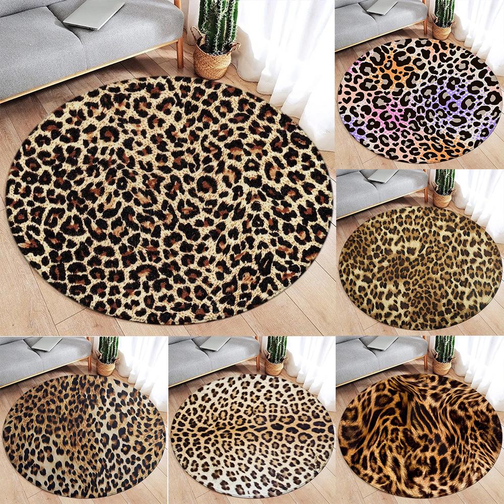Brown Leopard Print Round Carpet Fashion Animal Fur Pattern Woman Girl Home Living Room Bedroom Decorative Flannel Floor Rugs