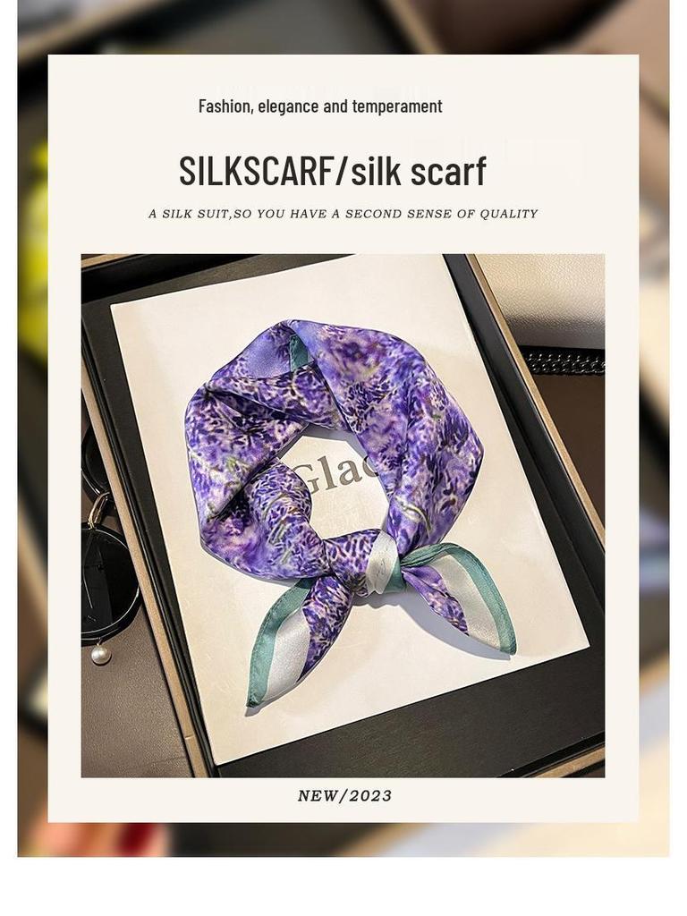 Lightweight Retro Pastoral Violet Floral Silk Scarf - Women's Spring/Summer Square Neck Scarf