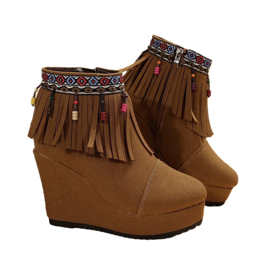 2024 Autumn New Color Beaded Fringe Boots Short Wedge Heels Fashion Casual Women's Boots Big Size 36-42