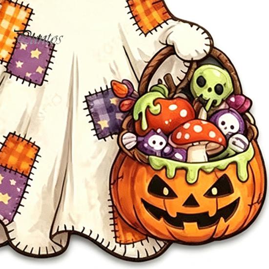 Halloween Theme Pendant Cute Bow Ghost Door Sign, Wooden Patchwork Hanging Plaque with Pumpkin Candy Basket, Indoor Entrance Hanger Retro Wall Lanyard