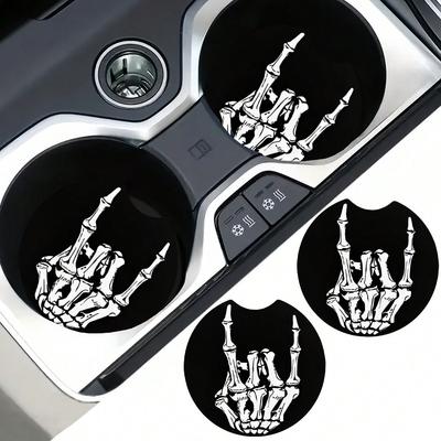 Rock Skull Grip Pattern Car Coasters, Car Non-Slip Coasters, Car Interior Personalized Coasters