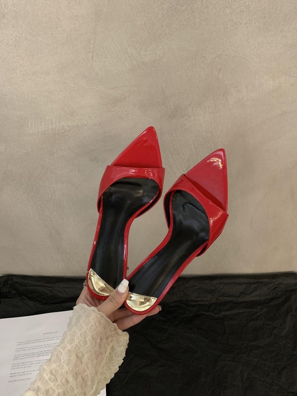 

туфли-стилетто с открытым носком женская летняя обувь 2025 новая модная обувь сказочный стиль остроносые высокие каблуки 40 красный