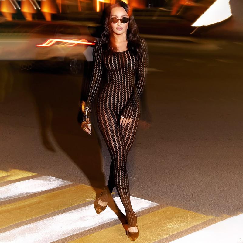 Black Jumpsuit for Women Mesh Lace Long Sleeve See Through Jumpsuits Sexy Rave Oufits Clubwear 2026 Summer See Through Rompers Overalls