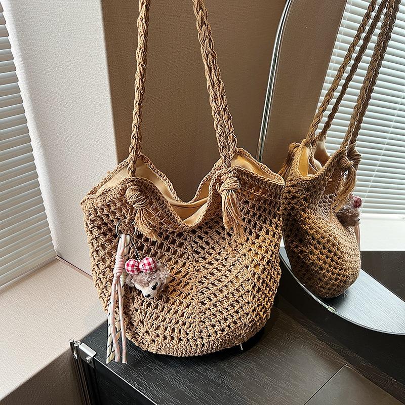 Hand-woven cotton thread crochet hollowed tassel shoulder strap casual vacation single shoulder women's tote bag