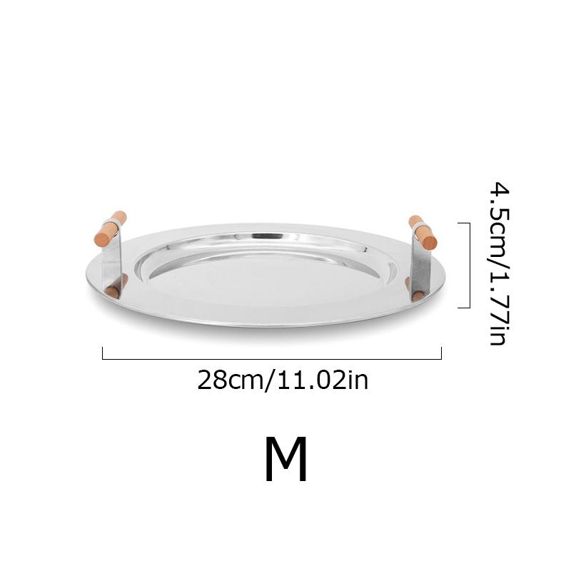 1PC Electroplating Color Decoration Stainless Steel Scandinavian Storage Round Tray Ins Wind Round Tray Wooden Handle