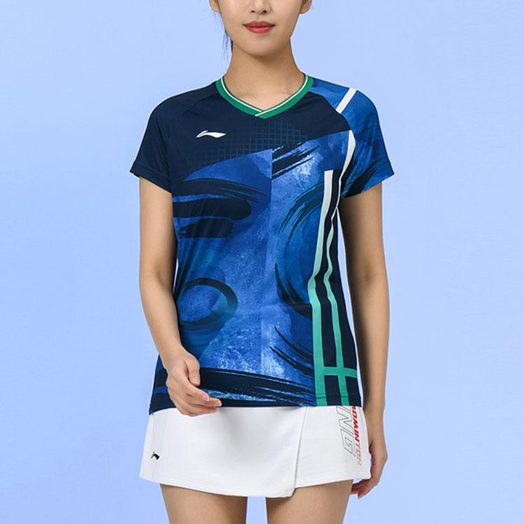 Li Ning Badminton Series Casual Sports Breathable Quick-Dry Short Sleeve T-Shirt Women Tops Guangdong-Blue AAYR194-1