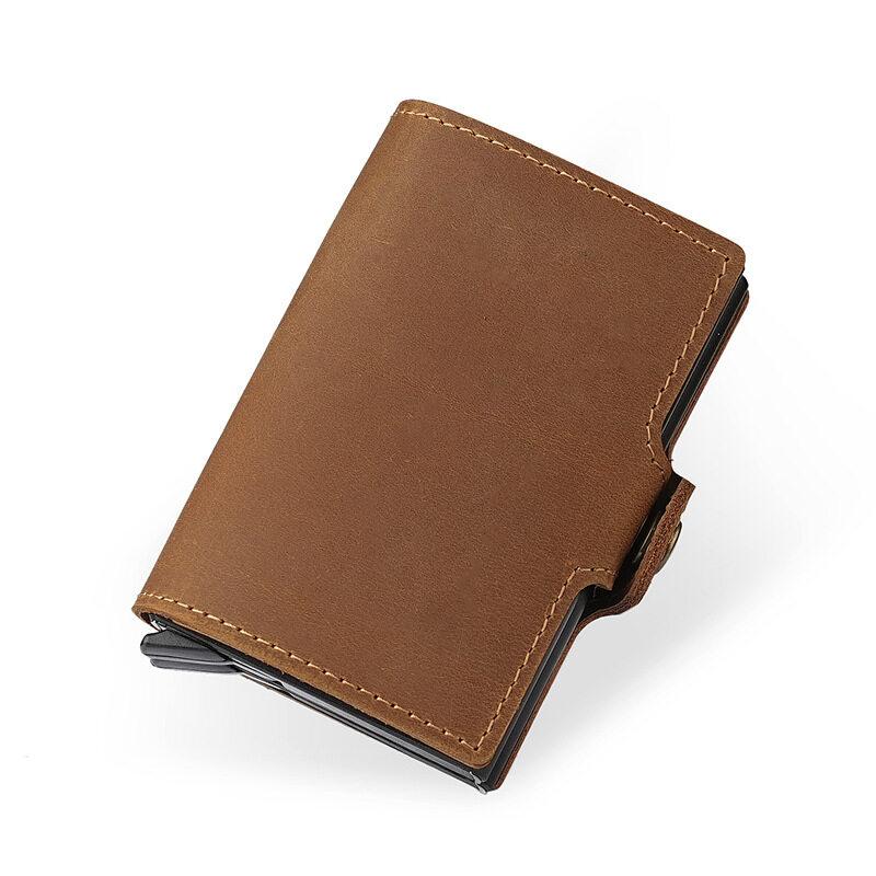 

Crazy Horse Leather Double-layer Aluminum Card Box Bottom Push Button Card Bag Men s Automatic Pop-up Card Clip Retro Style