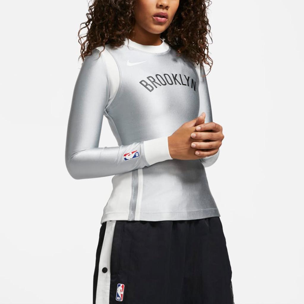 Nike Ambush X NBA Brooklyn Nets Letter Print Patchwork Pullover Sweatshirt Women Tops Silver DB9569-077