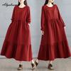 Korean Style Plus Size Spring Autumn Women Midi Dress O Neck Red Green Brown Burgundy Oversized Dress Lace Up Embroidery Cotton Dress