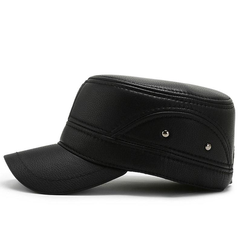 New flat top hat men's casual leather hat winter cotton warm and cold military hat men's ear protection hat