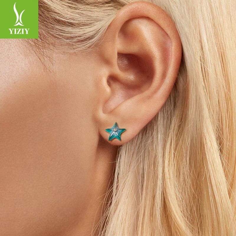 Blue-Green Starfish Threaded Stud Earrings, Summer Small Fresh S925 Sterling Silver Star Stud Earrings.