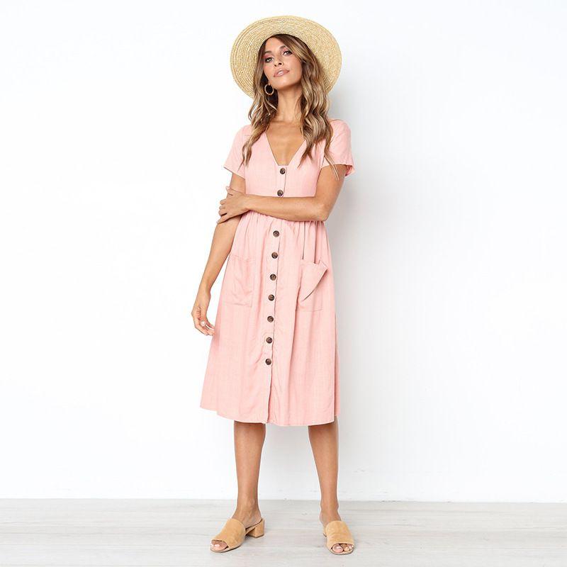 Nrj 2020 Hot Sale V-neck Button-up Short Sleeve Women's Dress With Pockets