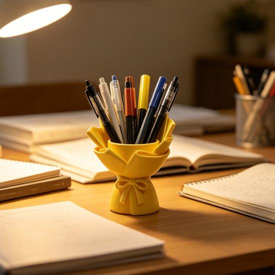 3D Printed Bouquet Pen Holder Planter, Mini Desk Decor with Bow & Artificial Flowers, Multifunctional PLA Craft for Pencil Organizer Pot, Romantic