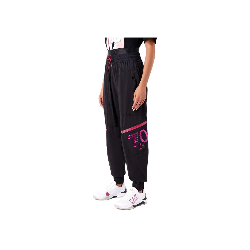 Emporio Armani EA7 Color Block Letter Number Drawstring Knitted Sports Pants Women bottoms Black 6RTP62-TNDAZ-1200