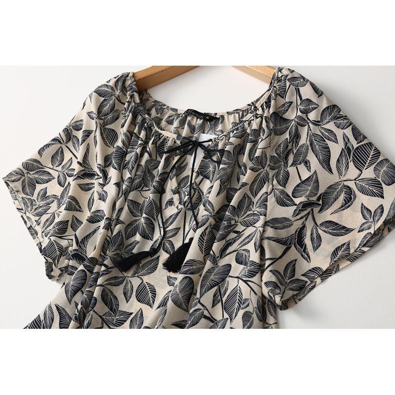 Foreign Trade Original Order Export Plus Size Women's Clothing Retro Print Loose Slimming Lace-up Short-Sleeved Chiffon Shirt Doll Shirt