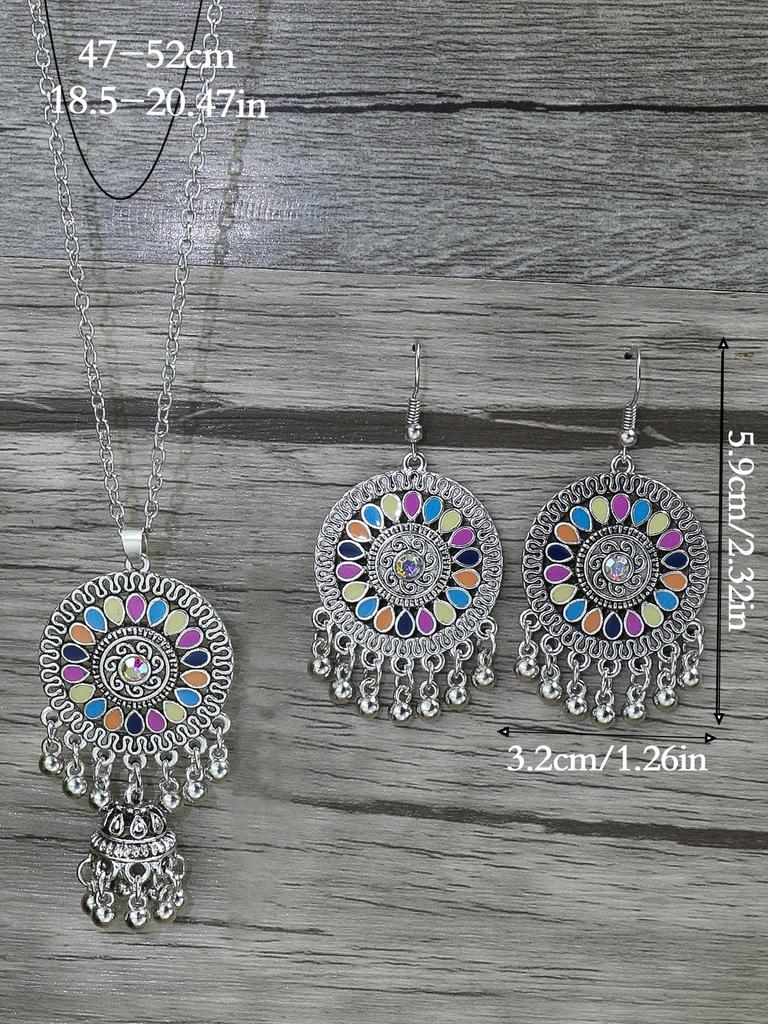 Bohemian Style Earring Necklace Set with Retro Ethnic Style Inlaid Multi-color Zircons for Women's Set