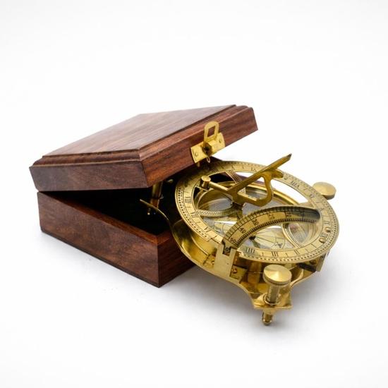 Brass Sundial Compass with Wooden Box, Vintage Nautical Decor