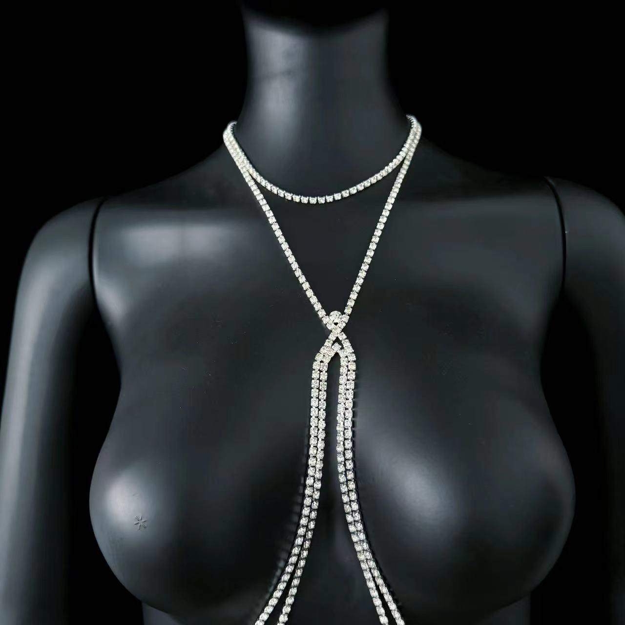 

Exaggerated Rhinestone Tassel Necklace Body Chain for Nightclubs серебряный