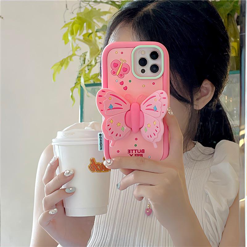 3D Cartoon Butterfly Stand Phone Case for iPhone 14/13/12/11 and Apple 17/16/15 PROMAX 17Pro