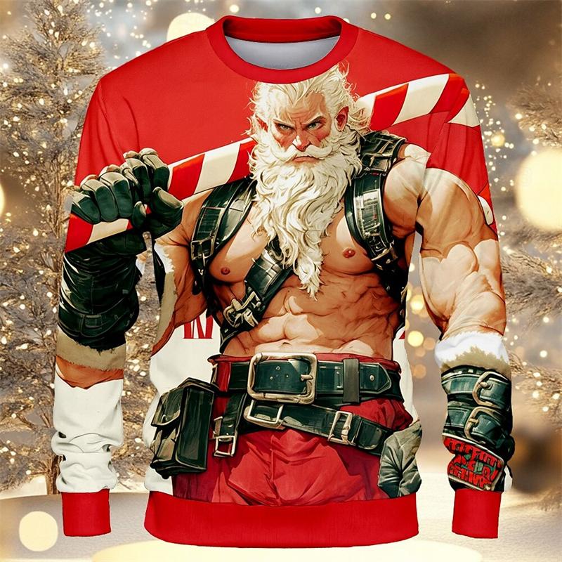 Strong Santa Claus Pattern Sweatshirts Fashion Trend 3D Muscle Printed Crew Neck Hoodie Cool Streetwear Oversized Mens Pullovers
