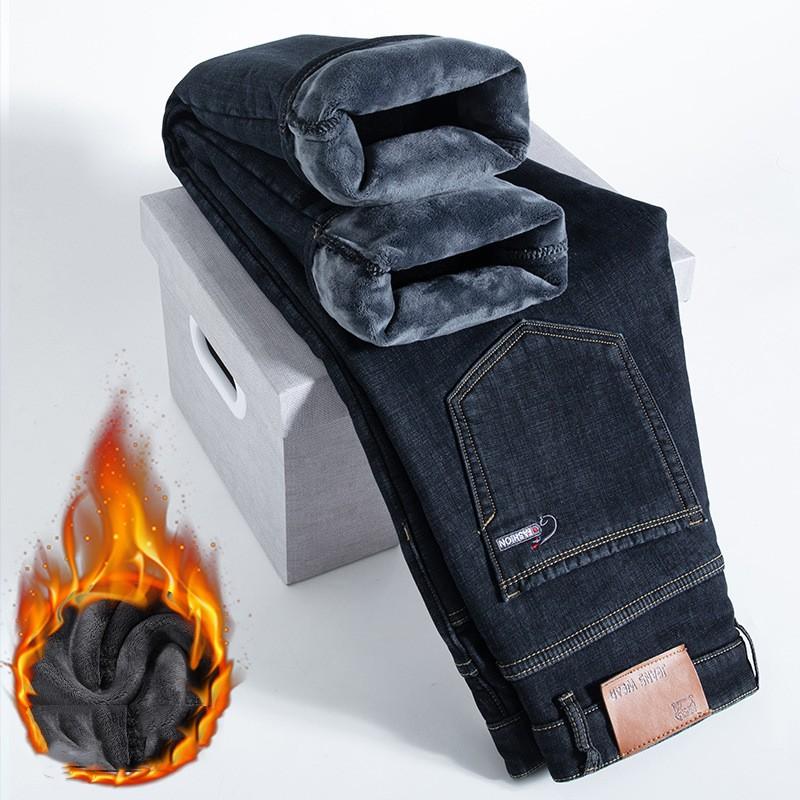 Men Autumn Winter Plus Size Thickened Warm Pants Fleece Jeans Business Casual Slim Straight Denim Trousers