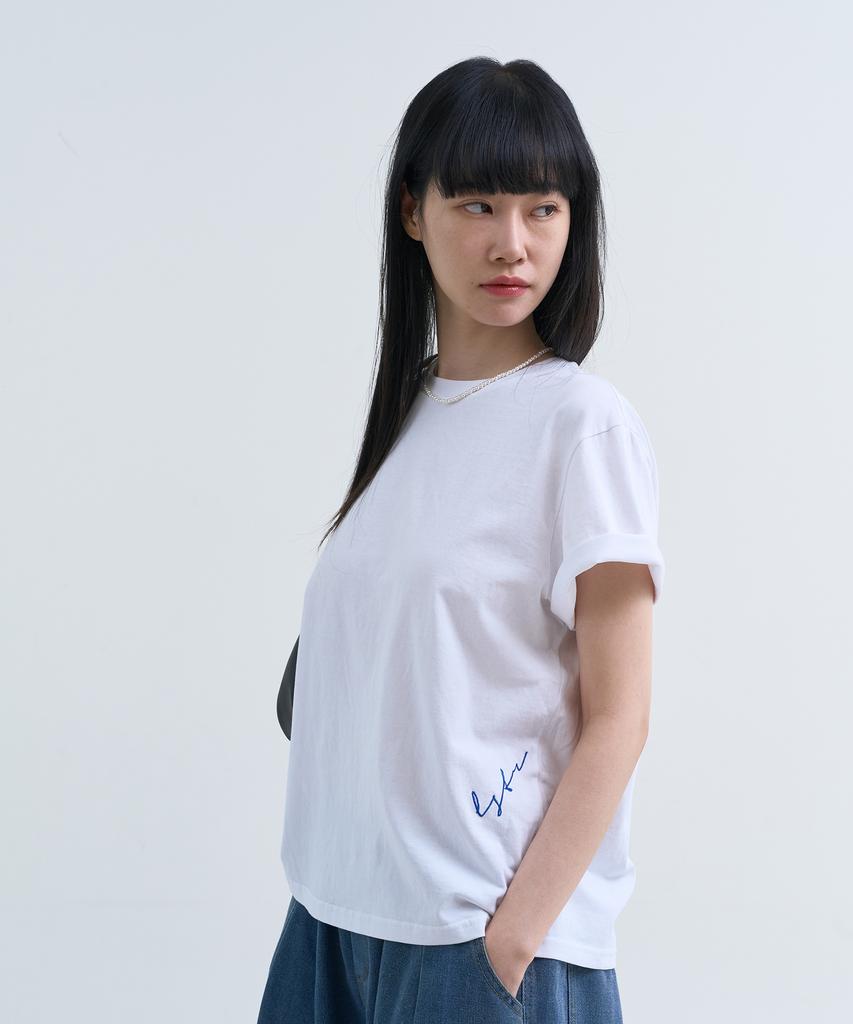Yuseuteule Waist Embroidered Short Sleeve T-Shirt (White)