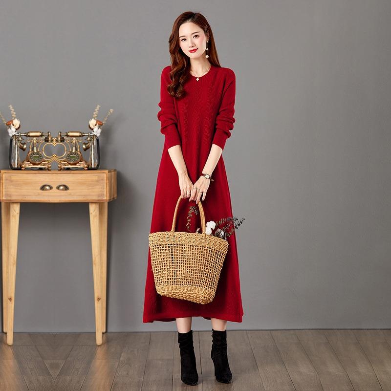 Crew Neck Winter Base Dress Women's Autumn and Winter with Coat Long Knitted Skirt Large Size Sweater Skirt Women
