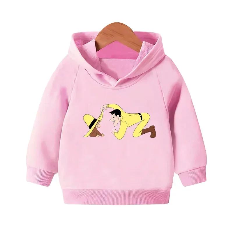 Curious George Cute Monkey Print Funny Kids Hooded Hoodies Girls Clothes Children Sweatshirts Autumn Baby Pullover Tops