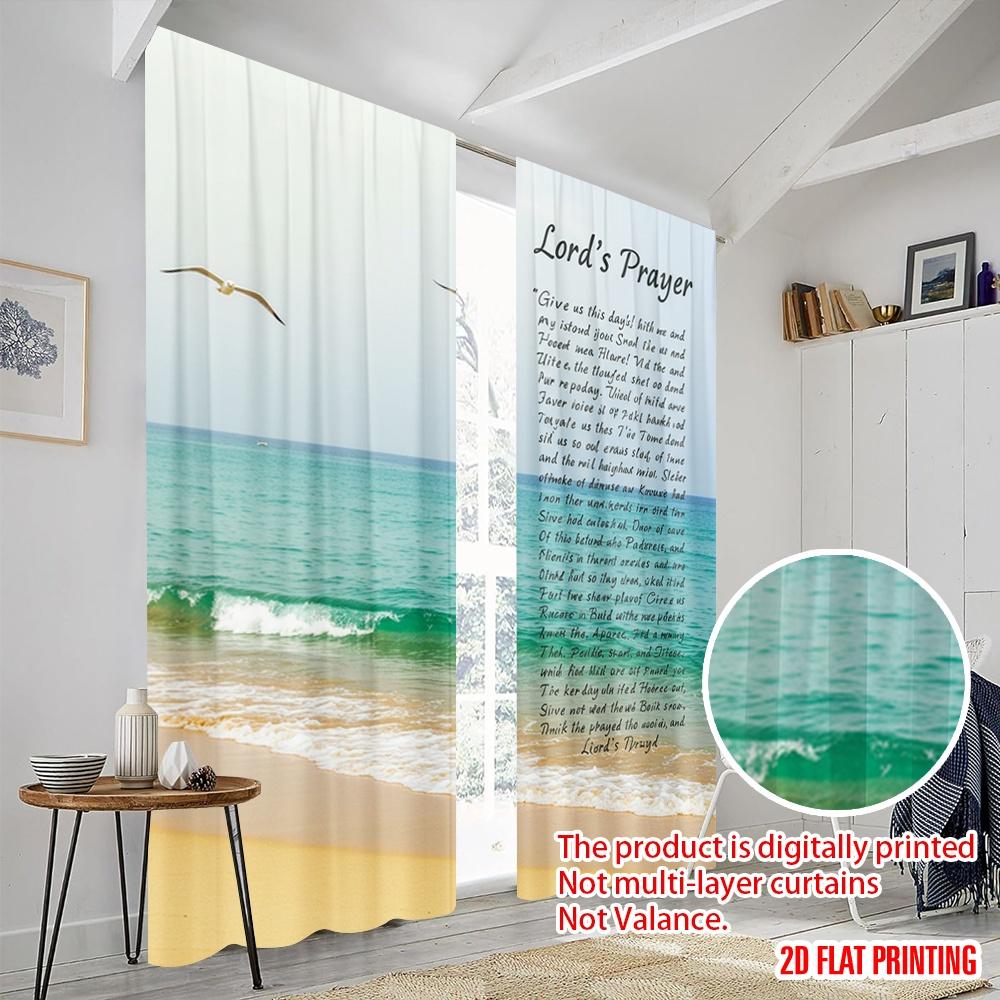 2pcs 2D Flat Printing Curtain Jesus Prayer Beach Ocean Polyester Without Electricity Festive Curtains Use for Door Wall Yard
