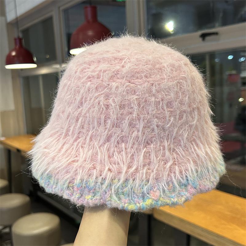 

Милая плюшевая однотонная универсальная шляпа-ведро женская осенне-зимняя с закрытием лица, теплая шерстяная шапка, новая вязаная шляпа-рыбак Adult (56-58cm) розовый
