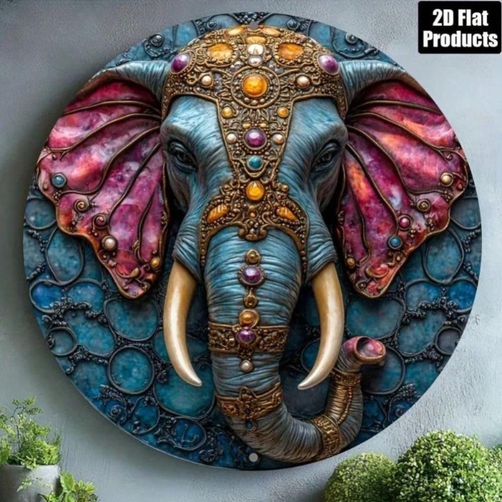 Metal Poster Wall Art Elephant Round for Bar Kitchen