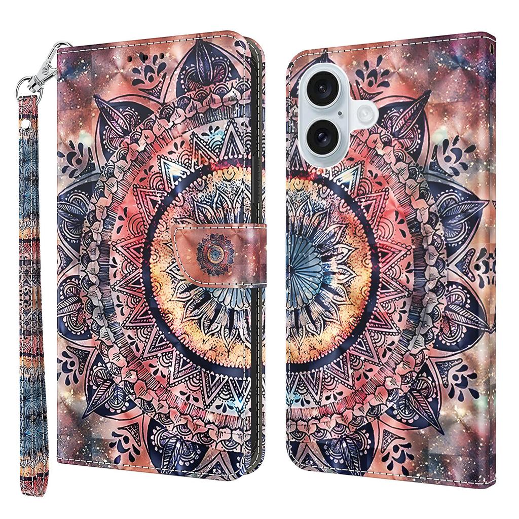 For iPhone 16 Case Stand Pattern Printing Leather Phone Cover