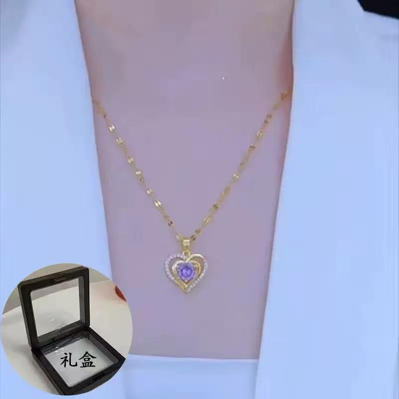 Purple Love Necklace Women'S Light Luxury Versatile Micro-Inlaid Zircon Heart-Shaped Clavicle Chain